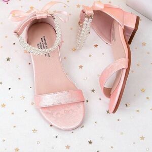 Little Girls Elegant Pink Sandals with Pearl Ankle Strap
